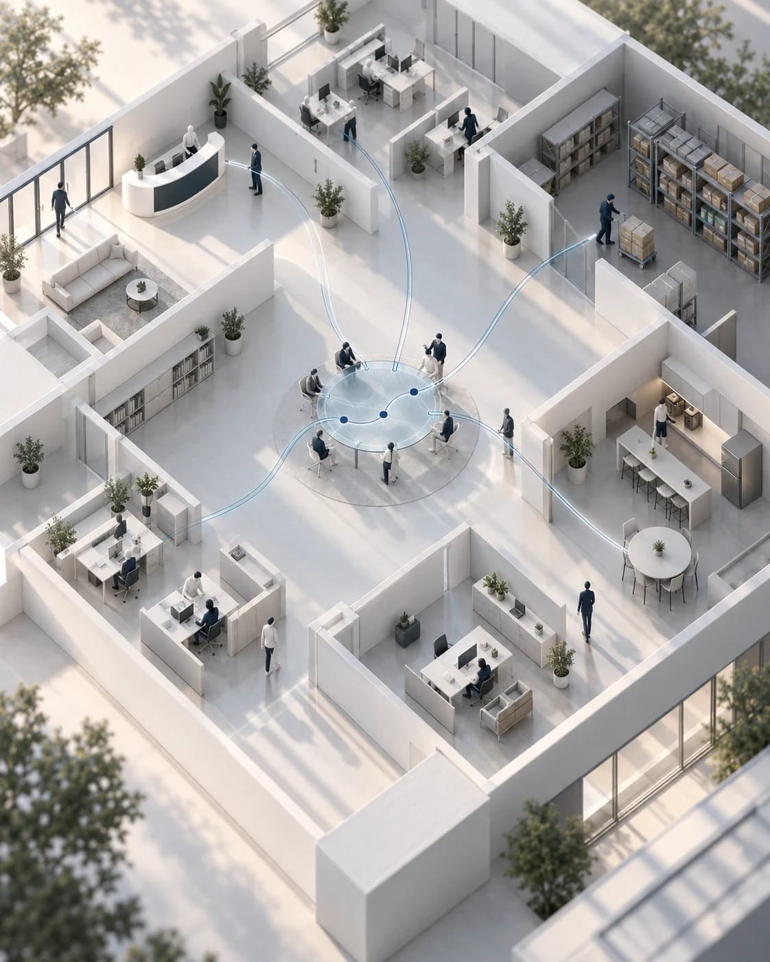 Ilustración: maqueta de una empresa vista desde arriba; de cada área salen hilos de luz que llegan a una mesa central donde se arma el plan