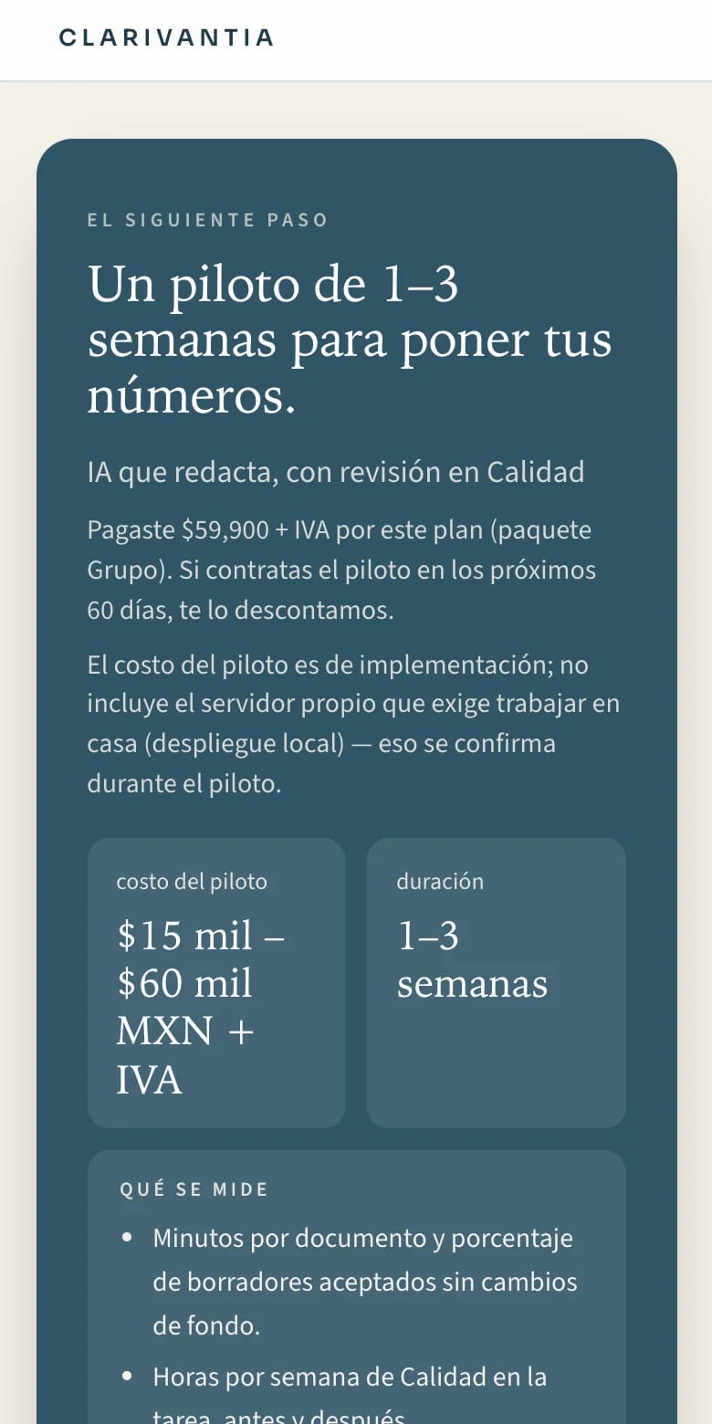 Pantalla del siguiente paso del plan: un piloto de 1 a 3 semanas, su costo, qué se mide y la garantía de Clarivantia