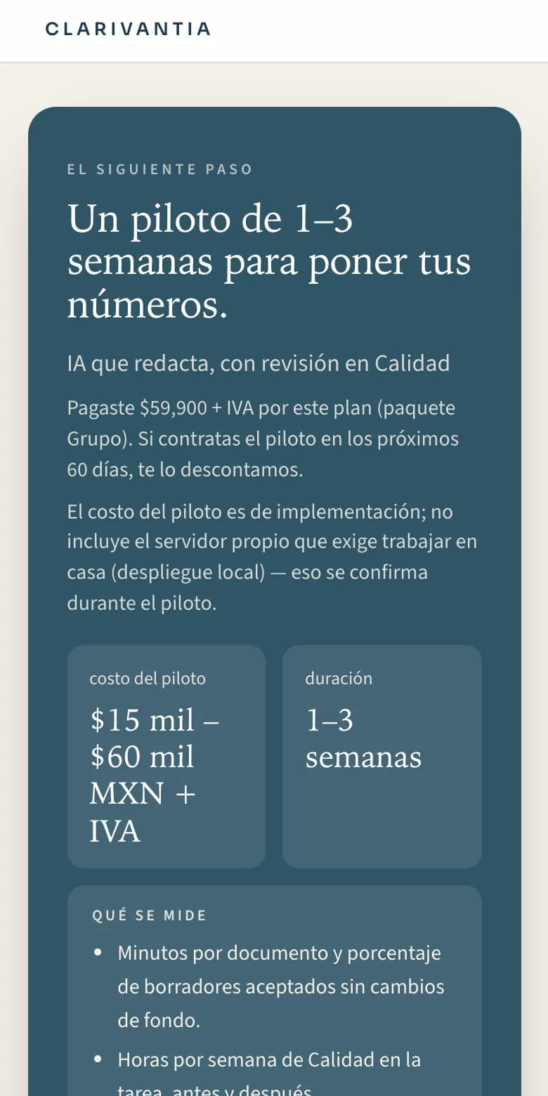Pantalla del siguiente paso del plan: un piloto de 1 a 3 semanas, su costo, qué se mide y la garantía de Clarivantia