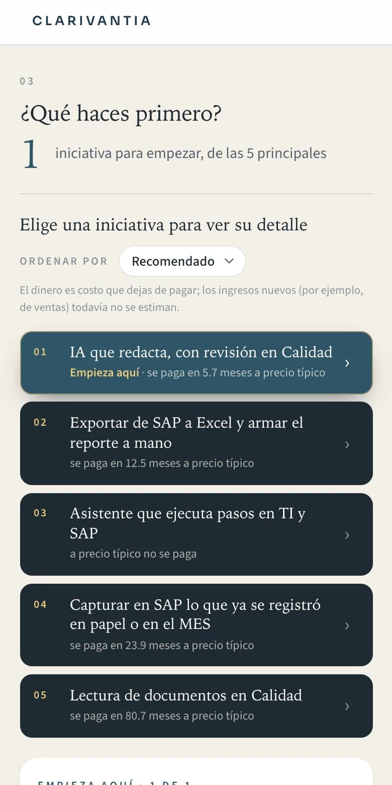 Pantalla 03 del plan: cinco iniciativas en orden; la primera, IA que redacta con revisión en Calidad, con inversión, horas recuperadas, ahorro y en cuántos meses se recupera